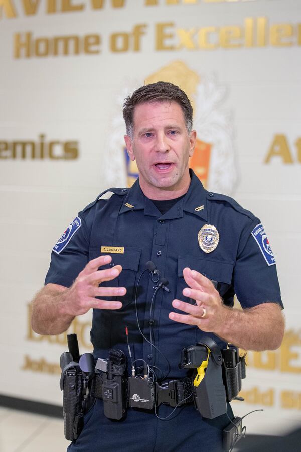 Tony Lockard, Chief of Gwinnett County School Police, speaks about the new CENTEGIX CrisisAlert system that equips staff with a wearable buzzer to send a signal to notify of safety or medical emergencies at any part of the campus at Parkview High School in Lilburn, Gwinnett County on Tuesday, July 18, 2023. (Katelyn Myrick / AJC)