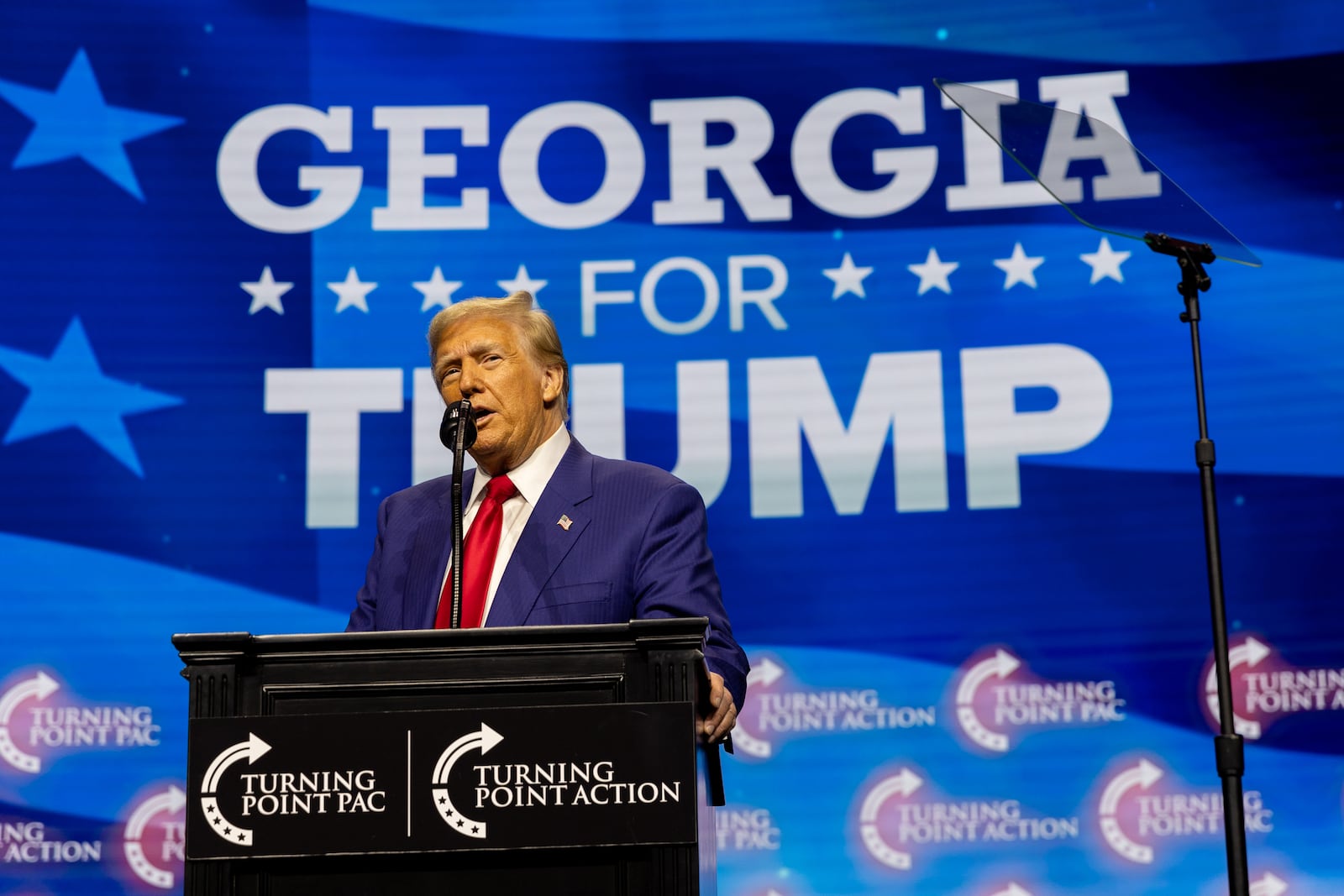 Republican presidential candidate Donald Trump speaks during a rally at Gas South Arena in Duluth in Gwinnett County on Wednesday, October 23, 2024. (Arvin Temkar / AJC)