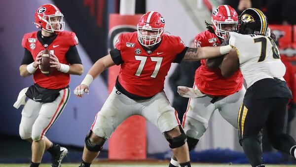 Georgia offensive lineman Cade Mays gives Jake Fromm plenty of time to pass against Missouri during the second half in a NCAA college football game on Saturday, November 9, 2019, in Athens.   Curtis Compton/ccompton@ajc.com