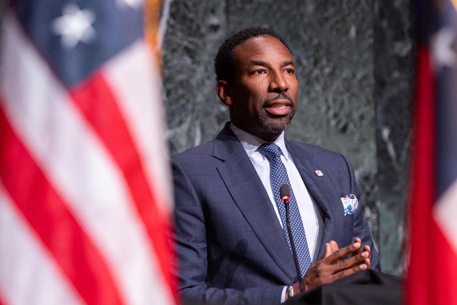 Atlanta Mayor Andre Dickens speaks at a ceremony for Marvin Arrington Sr., former superior court judge and Atlanta City Council president, who lies in state at Atlanta City Hall on Thursday, July 27, 2023. (Arvin Temkar / arvin.temkar@ajc.com)