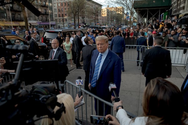 
                        FILE — Former President Donald Trump, the presumpting Republican nominee for president, conducts a brief campaign event in the Harlem neighborhood of Manhattan on April 16, 2024. Trump criticized the Manhattan district attorney, Alvin Bragg, at the event. (Anna Watts/The New York Times)
                      