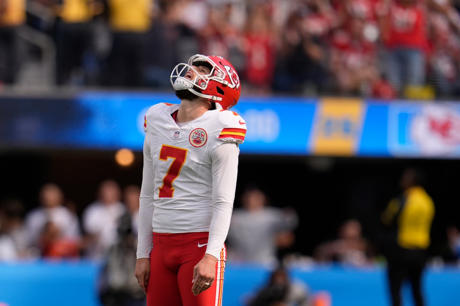 Kansas City Chiefs kicker Harrison Butker reacts after missing a 65-yard field goal attempt during the first half of an NFL football game against the Los Angeles Chargers Sunday, Sept. 29, 2024, in Inglewood, Calif. (AP Photo/Marcio Jose Sanchez)