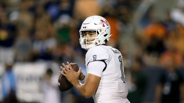 UNLV quarterback Jayden Maiava looks to throw a pass during an NCAA college football game against UTEP on Saturday, Sept. 23, 2023, in El Paso, Texas. (AP Photo/Andres Leighton)