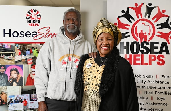 Portrait of Elisabeth and Afemo Omilami at Hosea Helps, Friday, November 22, 2024, in Atlanta. “Thanksgiving” at Hosea Helps will begin on Saturday when they distribute 500 meal kits to families consisting of a turkey, with all the sides and beverages. Elisabeth Omilami, president of Hosea Helps, said allowing families to go home and cook their meals will give them a sense of dignity. (Hyosub Shin / AJC)