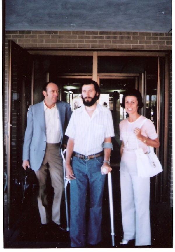 Shepherd Center co-founders Harold, James and Alana Shepherd leaving Craig Hospital in Denver where James received spinal cord injury rehabilitation in late 1973 and early 1974. Contributed