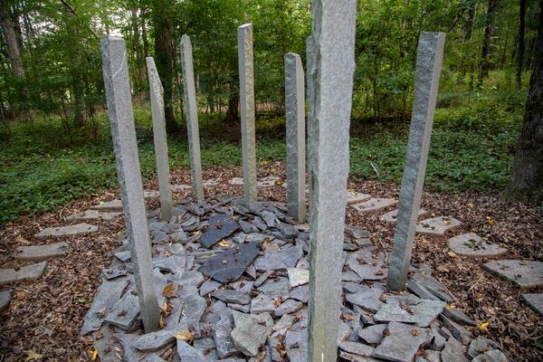 09/09/2021 — Athens, Georgia —A World Trade Center Memorial Sculpture is part of the 9/11 memorial walking trail created by Bob Hart in Athens, Thursday, September 9, 2021.  (Alyssa Pointer/Atlanta Journal Constitution)