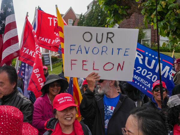 Supporters of former President Donald Trump gathered outside a recent fundraiser for him in San Francisco. Trump was convicted of 34 felony counts last month in New York. 