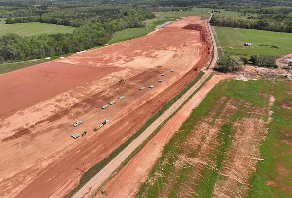 (*UPDATED DRONE PHOTO*) Aerial photograph shows the 2,000-acre Rivian factory site in southern Walton and Morgan counties, Thursday, March 30, 2023, in Social Circle. (Hyosub Shin / Hyosub.Shin@ajc.com)