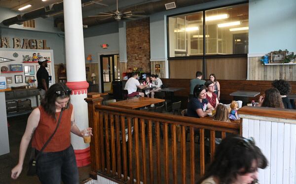 A recent morning inside Macon Bagels at the corner of Third and Poplar streets in downtown Macon. (Hyosub Shin / AJC)