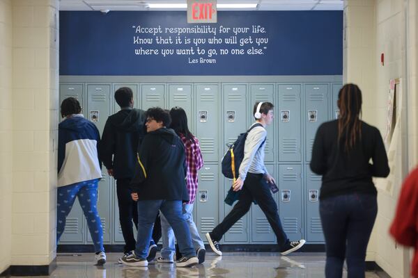 South Gwinnett students transition in between classes at South Gwinnett High School, Friday, March 29, 2024, in Snellville, Ga. Principal Rodney Jordan (not pictured) has implemented campus monitors, assistant principals and other staff members to be position in various portions of the school to monitor the hallways for all transitions. (Jason Getz / jason.getz@ajc.com)