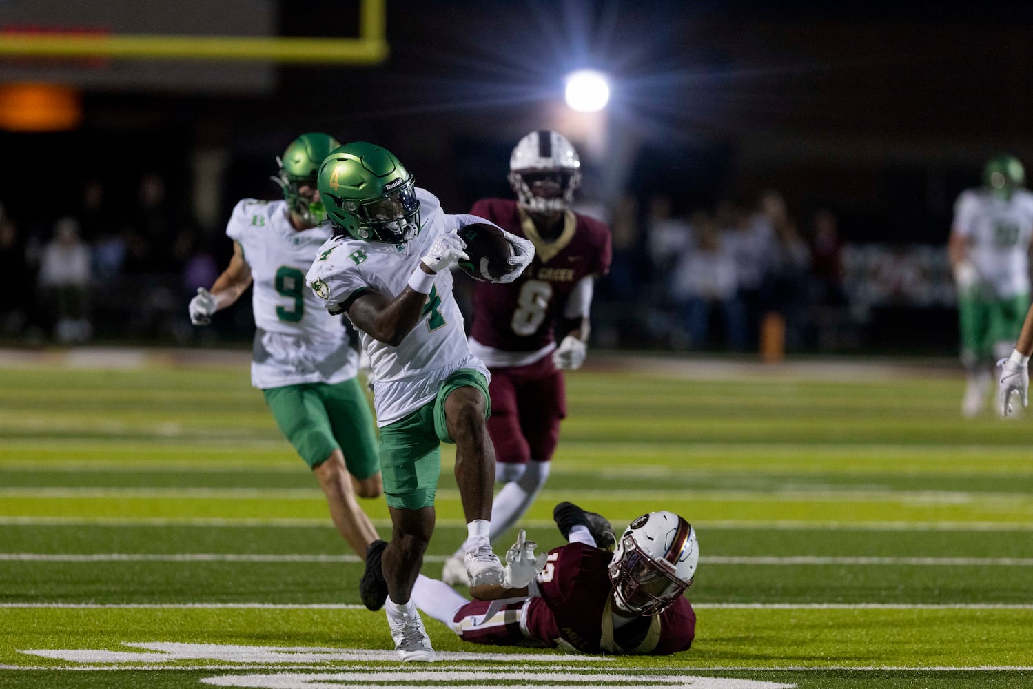 Buford’s Jordan Allen (4) runs the ball against Mill Creek in a high school game in Hoschton, GA., on Friday, November 1, 2024. (Photo/Jenn Finch, AJC)