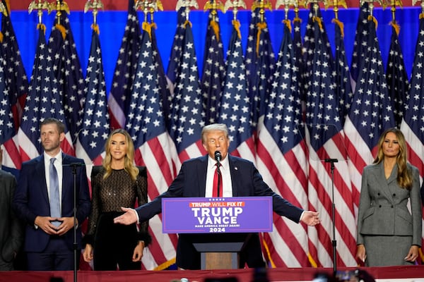 Republican presidential nominee former President Donald Trump speaks at an election night watch party Wednesday, Nov. 6, 2024, in West Palm Beach, Fla., as Eric Trump, Republican National Committee co-chair Lara Trump and Melania Trump listen. (AP Photo/Alex Brandon)