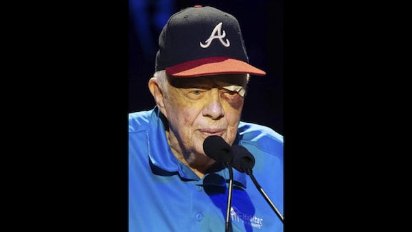  Former President Jimmy Carter speaks during the Habitat for Humanity Jimmy and Rosalynn Carter Work Project opening ceremony at the Ryman Auditorium, Sunday, Oct. 6, 2019, in Nashville. Carter had a black eye and stitches after falling at his Georgia home, but made it to the evening program in Nashville. (Courtney Pedroza/The Tennessean via AP) 