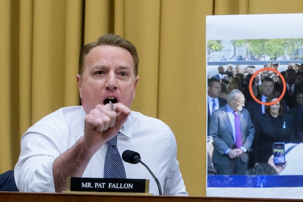 Rep. Pat Fallon, R-Texas, questions Secret Service Acting Director Ronald L. Rowe Jr. during a hearing by the House Task Force on the Attempted Assassination of Donald J. Trump on the Secret Service's security failures regarding the assassination attempts on President-elect Trump, in Butler, Pa. on July 13, 2024, and West Palm Beach, Fla. on Sept. 15, 2024, on Capitol Hill, Thursday, Dec. 5, 2024, in Washington. (AP Photo/Rod Lamkey, Jr.)