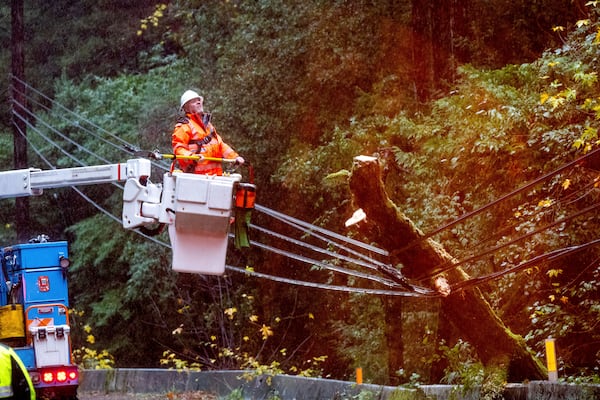 A Pacific Gas & Electric worker pauses while sawing a tree that toppled into power lines during heavy rains on Wednesday, Nov. 20, 2024, in the Occidental community of unincorporated Sonoma County, Calif. (AP Photo/Noah Berger)