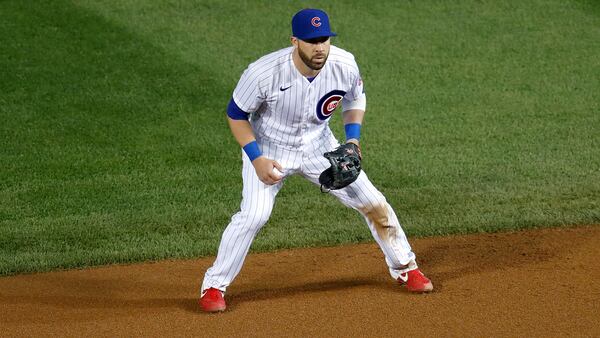 Chicago Cubs second baseman Jason Kipnis fields his position against the Kansas City Royals Tuesday, Aug. 4, 2020, in Chicago. (Charles Rex Arbogast/AP)