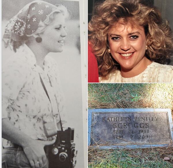 Kathy Scruggs at Athens Academy, left, and during her time as an AJC reporter. She is buried next to her parents' graves in Athens. Photos credits: Courtesy of Athens Academy; Courtesy of Lisa Griffin; and Austin Steele for the AJC