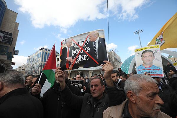 Palestinians protest the Mideast plan announced by President Donald Trump.