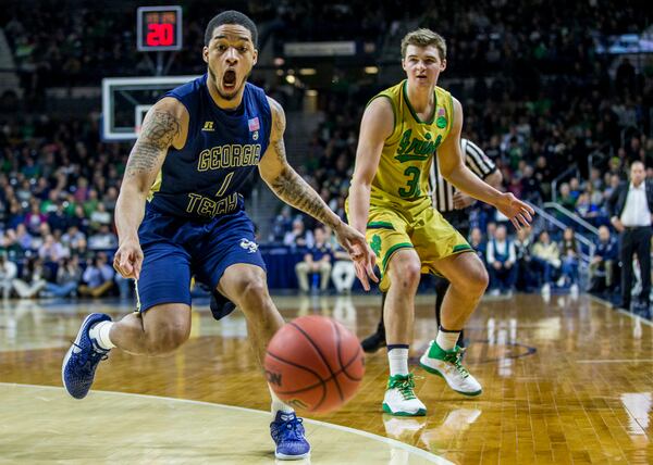  Georgia Tech's Tadric Jackson (1) reacts next to Notre Dame's Steve Vasturia (32) as the ball heads out of bounds during the first half of an NCAA college basketball game Sunday, Feb. 26, 2017, in South Bend, Ind. (AP Photo/Robert Franklin)