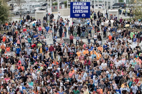 A large crowd gathers at Liberty Plaza near the state Capitol at the end of the March For Our Lives in Atlanta on Saturday, March 24, 2018. STEVE SCHAEFER / SPECIAL TO THE AJC