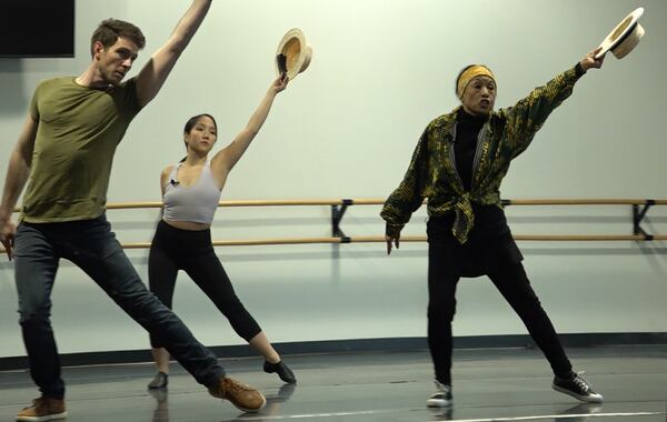 Director/choreographer Baayork Lee (far right) rehearses City Springs Theatre’s “A Chorus Line” with cast members Billy Harrigan Tighe and Emma X. O’Laughlin.