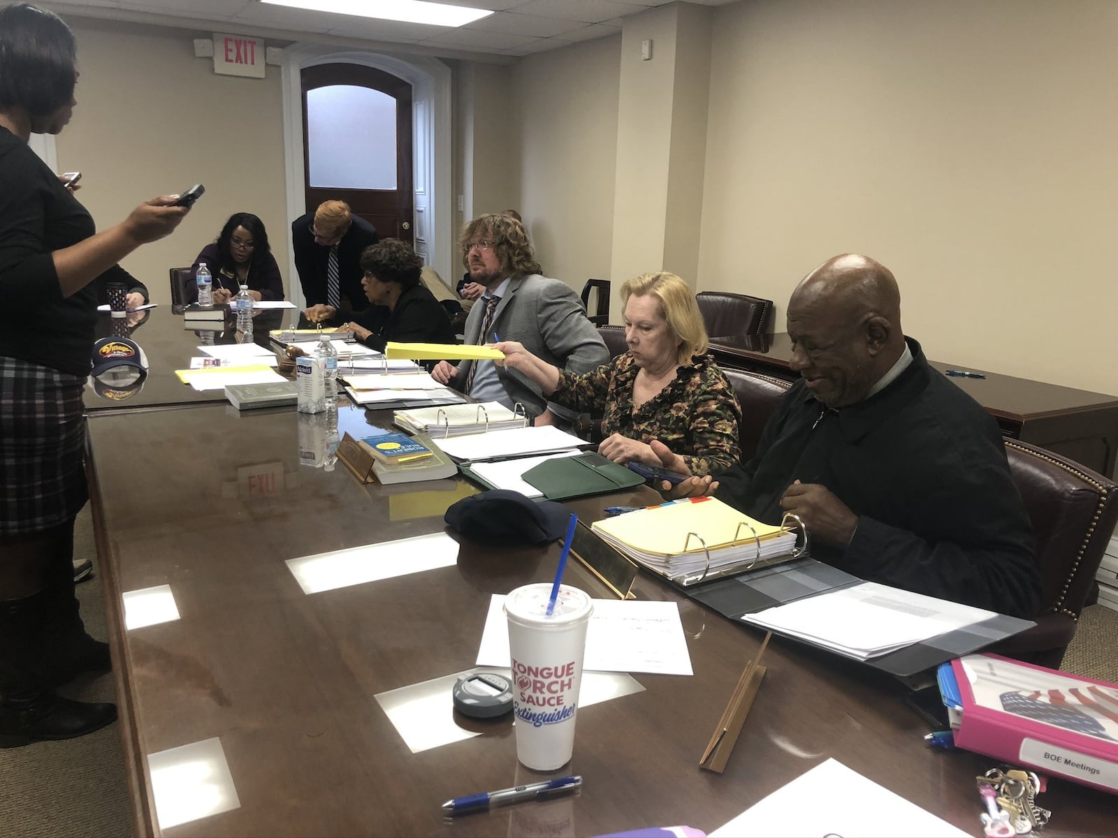 The Athens-Clarke County Board of Elections discussed voting equipment issues and privacy concerns during its meeting at Athens City Hall on Tuesday, Feb. 4, 2020. From left (seated): Athens-Clarke County Elections Director Charlotte Sosebee, board member Willa Fambrough, Chairman Jesse Evans, board member Patricia Till and board member Charles Knapper. MARK NIESSE / MARK.NIESSE@AJC.COM