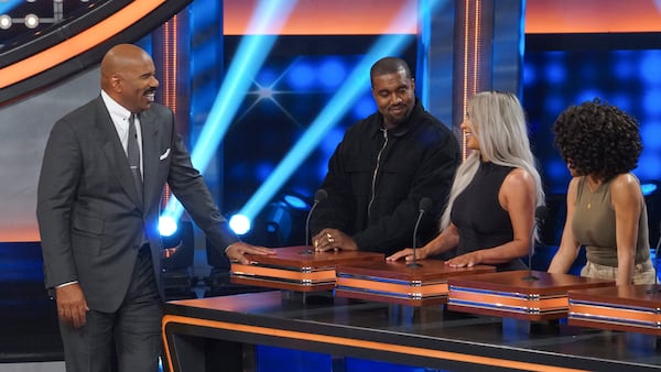 Steve Harvey hosting "The Kardashian Family vs. The West Family" episode of "Celebrity Family Feud." (ABC/Byron Cohen)
STEVE HARVEY, KANYE WEST, KIM KARDASHIAN WEST, KIM WALLACE