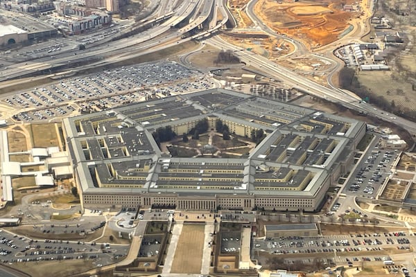 The Pentagon is seen in this aerial view through an airplane window in Washington on Thursday, Feb. 20, 2025. (AP Photo/Pablo Martinez Monsivais)