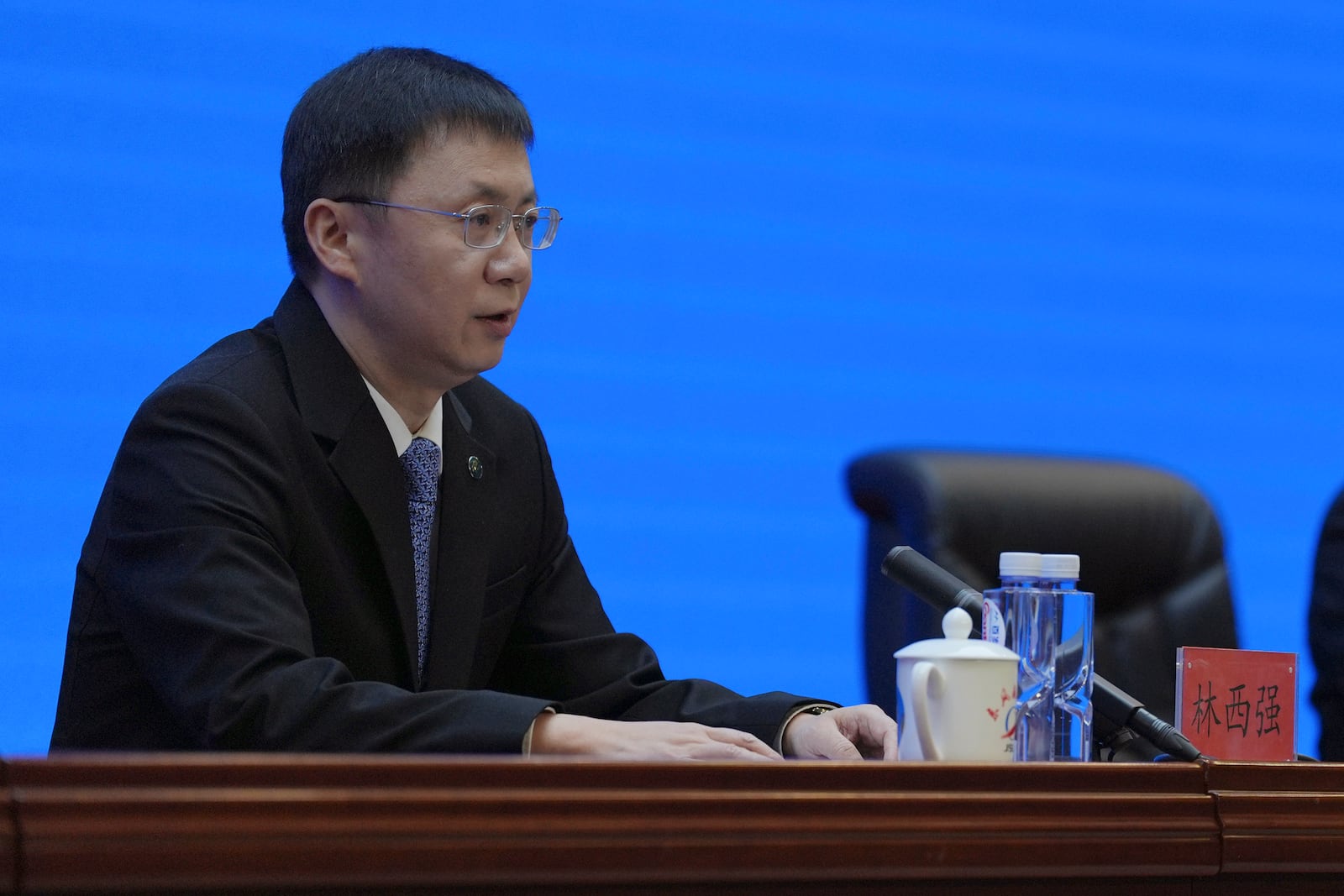 Lin Xiqiang, spokesperson of the China Manned Space Program and deputy director of the China Manned Space Agency, speaks during a press conference ahead of the Shenzhou-19 mission at the Jiuquan Satellite Launch Center in Jiuquan, northwestern China Tuesday, Oct. 29, 2024. (AP Photo/Ng Han Guan)