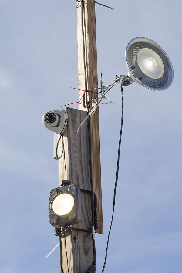 10/17/2019 — Atlanta, Georgia — An exterior surveillance camera watches the parking lot and perimeter of the building at Red Pepper Taqueria in Atlanta’s Buckhead community, Thursday, October 17, 2019. (Alyssa Pointer/Atlanta Journal Constitution)