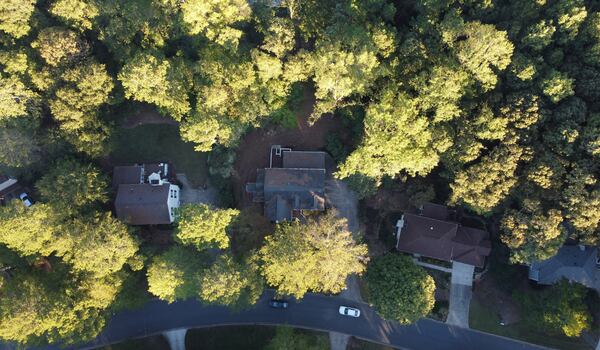 Ross Cavitt's home in Cobb County, center, after the removal of 10 trees. His homeowners insurance had been cancelled because there were too many trees nearby.