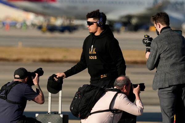 Kansas City Chiefs quarterback Patrick Mahomes arrives at New Orleans international airport, Sunday, Feb. 2, 2025, in Kenner, La. ahead of the NFL Super Bowl 59 football game between the Philadelphia Eagles and the Kansas City Chiefs. (AP Photo/David J. Phillip)