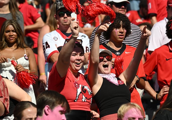 Georgia fans cheer before their game against Mississippi State at Sanford Stadium, Saturday, October 12, 2024, in Athens. (Hyosub Shin / AJC)