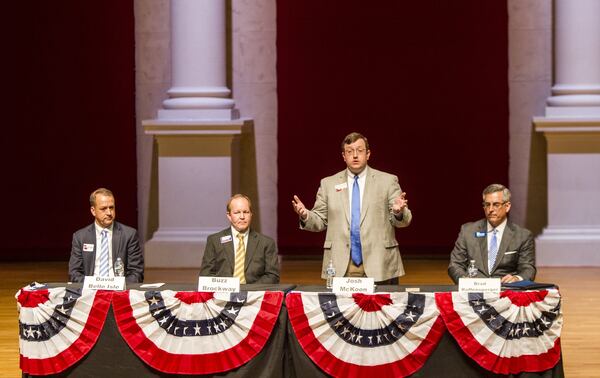 Republican candidates in Georgia’s secretary of state race debate April 9 at Lassiter High School in Marietta. (REANN HUBER/REANN.HUBER@AJC.COM)