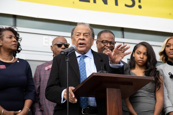 Former Atlanta Mayor Andrew Young, along with Clark Atlanta University President George T. French Jr. (to his left), announce the creation of the Andrew Young HBCU Scholarship Program. Photo Contributed.