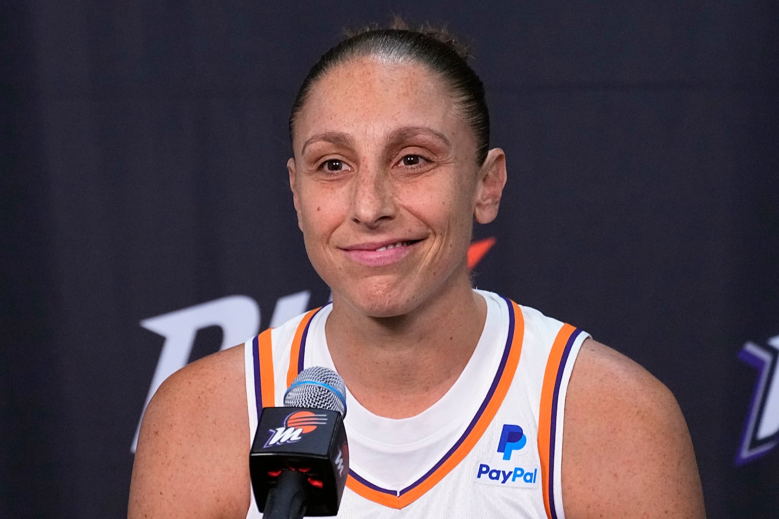 FILE - Phoenix Mercury guard Diana Taurasi speaks during the WNBA basketball teams' media day, Wednesday, May 3, 2023, in Phoenix. (AP Photo/Matt York, File)