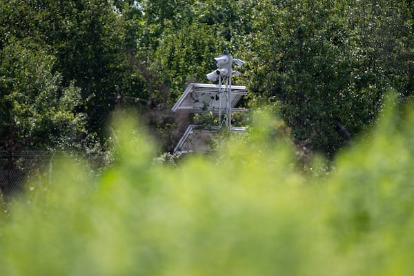 Security cameras at the site of the proposed public safety training center on Key Road in unincorporated DeKalb County. (Alyssa Pointer/Atlanta Journal Constitution)