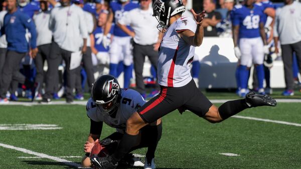 Falcons kicker Younghoe Koo kicks the game-winning, 40-yard field goal against the New York Giants, Sunday, Sept. 26, 2021, in East Rutherford, N.J. The Falcons won 17-14. (Bill Kostroun/AP)