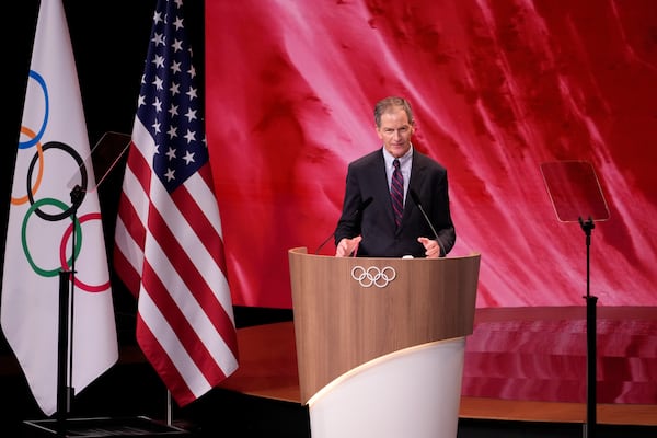 FILE - Gene Sykes, president of the US Olympic and Paralympic committee speaks as he presents Salt Lake City's bid to host the 2034 Winter Olympics, during the 142nd IOC session at the 2024 Summer Olympics, July 24, 2024, in Paris, France. (AP Photo/David Goldman, File)