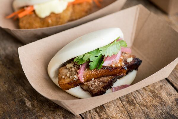 Pork Belly bao with local pork, pickled red onions, pecan sugar, and cilantro. Photo credit- Mia Yakel.