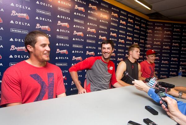 Philadelphia Phillies pitchers from left; Ken Giles, Cole Hamels, Jonathan Papelbon and Jake Diekman joke during a news conference after they combined efforts for a no-hitter against the Atlanta Braves in baseball game Monday, Sept. 1, 2014, in Atlanta. Philadelphia won 7-0. (AP Photo/John Bazemore) The Braves managed the same number of hits against each of these four. (John Bazemore/AP)