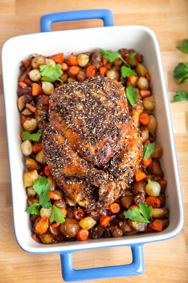 Everything Bagel-crusted Roast Chicken with Root Vegetables. (Courtesy of Brooke Slezak)