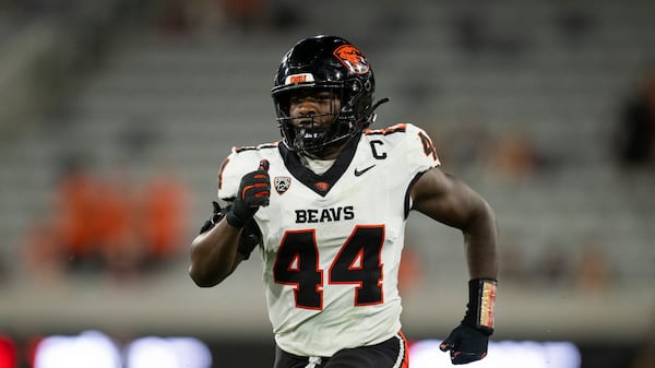 Oregon State linebacker Melvin Jordan IV (44) runs during an NCAA football game against San Diego State on Saturday, Sept. 7, 2024, in San Diego. (AP Photo/Kyusung Gong)