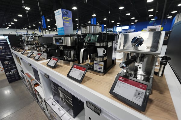 FILE - Coffee makers sit on display in a Best Buy store Nov. 21, 2024, in south Denver. (AP Photo/David Zalubowski, File)