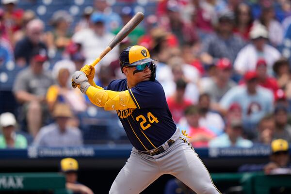 Milwaukee Brewers' William Contreras bats during a baseball game, Thursday, July 20, 2023, in Philadelphia. (AP Photo/Matt Slocum)