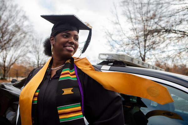 Miaja Jefferson,  former intern with the Smyrna Police Department, poses for a portrait on Thursday,  December 17, 2020, at the Smyrna Police Department headquarters in Smyrna, Georgia. Jefferson overcame the personal challenges of having a child and being in fostercare as a teenager to earn her bachelor's degree in criminal justice from Kennesaw State University.  She is in the process of applying to be a Cobb County police officer and hopes to eventually become an FBI agent. CHRISTINA MATACOTTA FOR THE ATLANTA JOURNAL-CONSTITUTION.