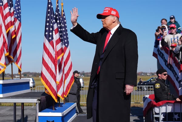 Republican presidential nominee former President Donald Trump waves at a campaign rally in Lititz, Pa., Sunday, Nov. 3, 2024. (AP Photo/Evan Vucci)