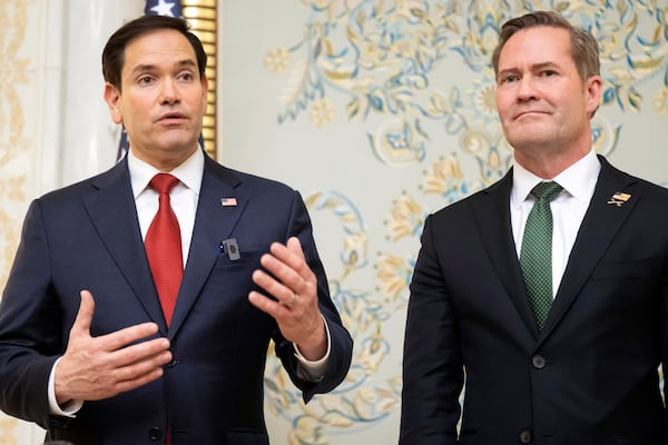 U.S. Secretary of State Marco Rubio, left, and U.S. National Security Advisor Mike Waltz speak with the media following meetings with a Ukrainian delegation in Jeddah, Saudi Arabia, March 11, 2025. (Saul Loeb/Pool Photo via AP)