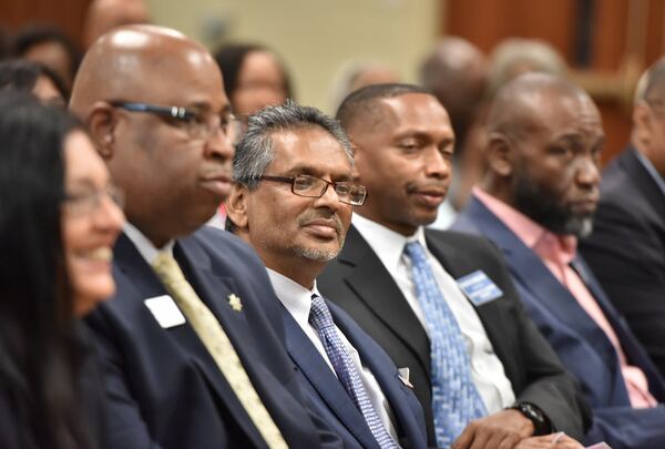 US Congress District 7 candidate Rashid Malik (third from left) and other candidates wait before Candidate Forum hosted by Gwinnett Democratic Women at George Pierce Park’s community room in Suwanee on Saturday, September 28, 2019. (Hyosub Shin / Hyosub.Shin@ajc.com)