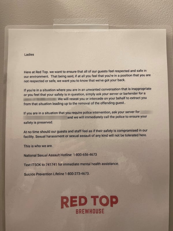 Notices posted in female, male and gender-neutral restrooms at Red Top Brewhouse in Acworth instruct guests what to do if they find themselves the recipient of untoward behavior. Courtesy of Red Top Brewhouse